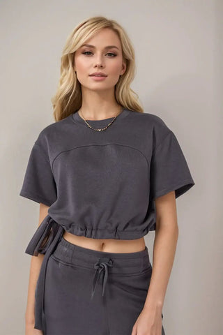 Basic Bae Drawstring Hem Air Scuba Round Neck Short Sleeve T-Shirt - SwagglyLife Home & Fashion