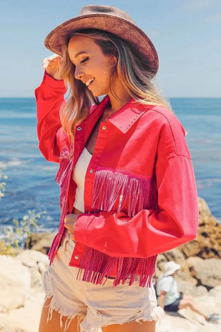 BiBi Rhinestone Fringe with Studed Collar Jacket in - photo