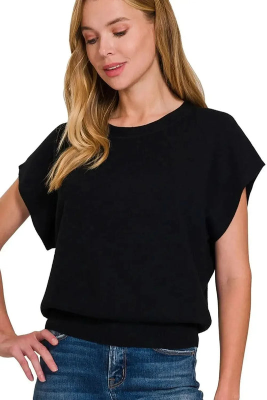 Zenana Round Neck Short Dolman Sleeve Sweater in BLACK - photo