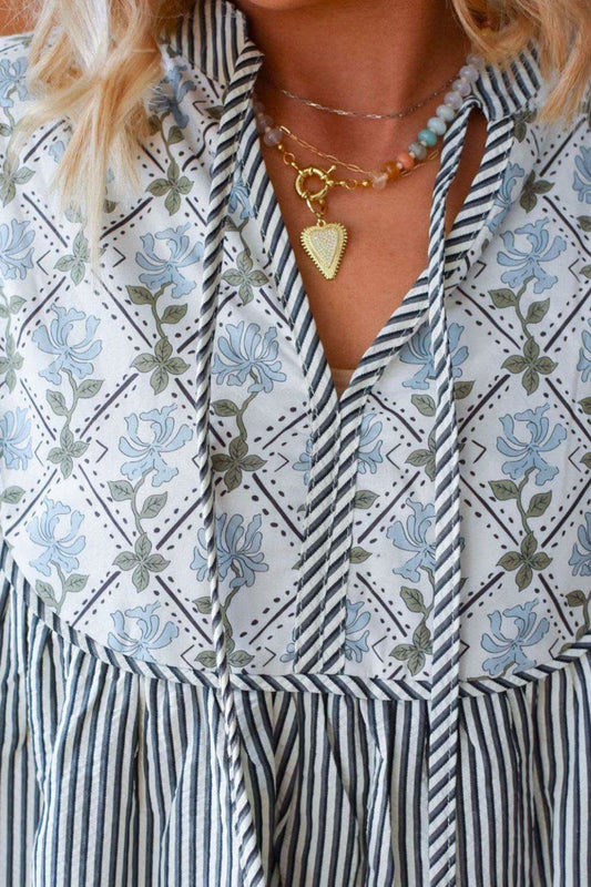 Tied Floral Printed Striped Long Sleeve Dress in - Dresses photo