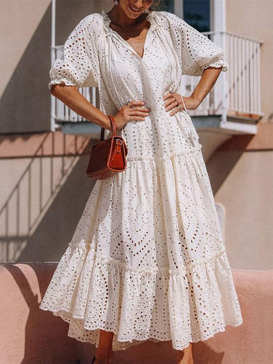 Ellie Tie Neck Half Sleeve Tiered Dress