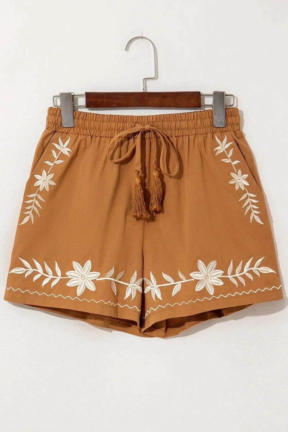 Embroidered Boho Tasseled Drawstring Elastic Waist Casual Shorts - SwagglyLife Home & Fashion