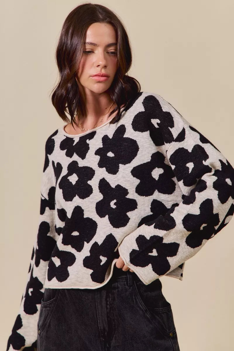 SO ME Loose Fit Flower Lightweight Sweater Top in - photo