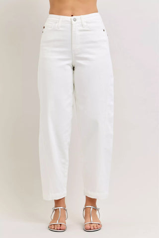 Judy Blue High-Waisted Rigid Magic Panel Barrel Jeans in WHT - photo