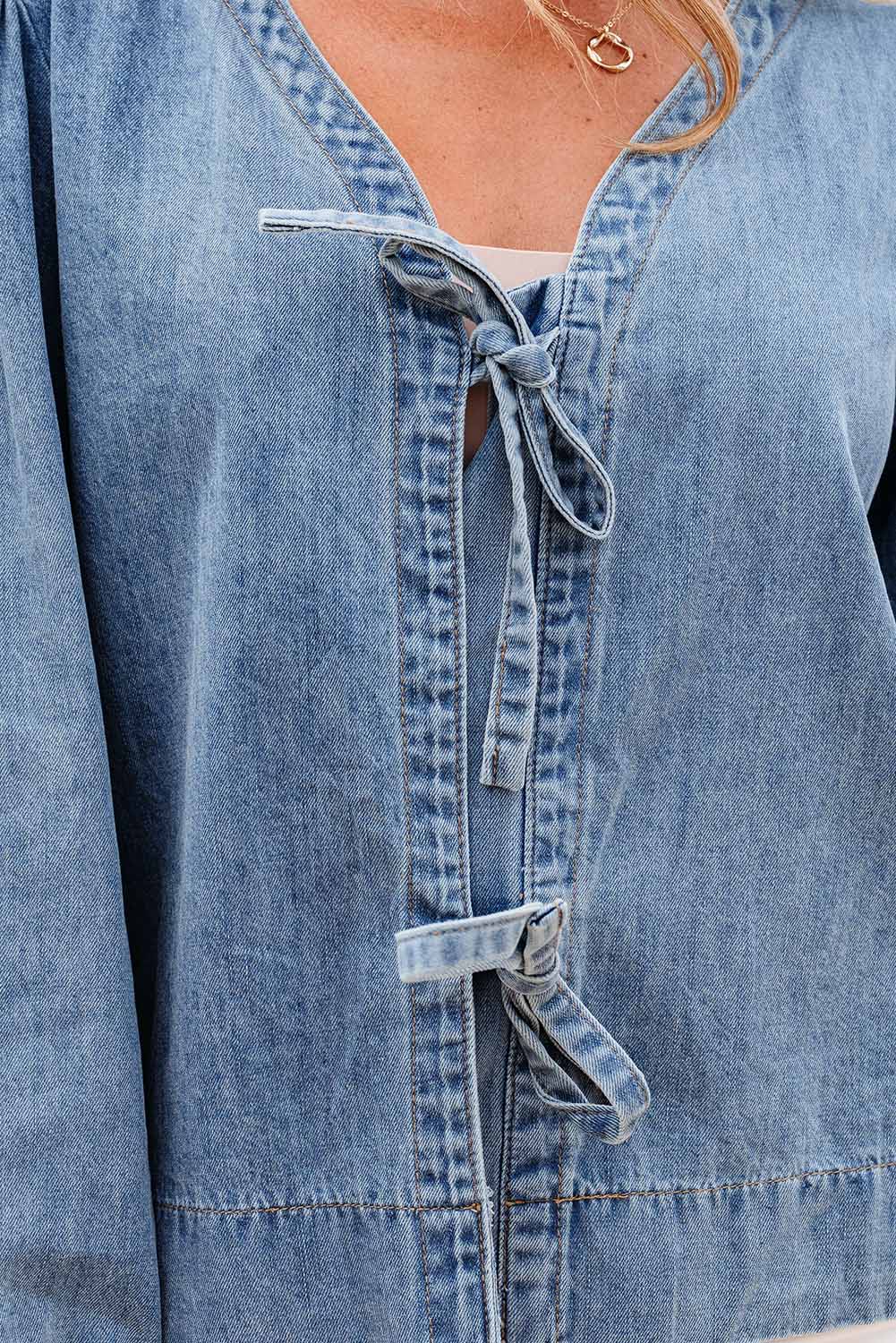 Oakley Tied Front Long Puff Sleeve Denim Top - SwagglyLife Home & Fashion