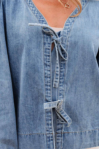 Oakley Tied Front Long Puff Sleeve Denim Top - SwagglyLife Home & Fashion