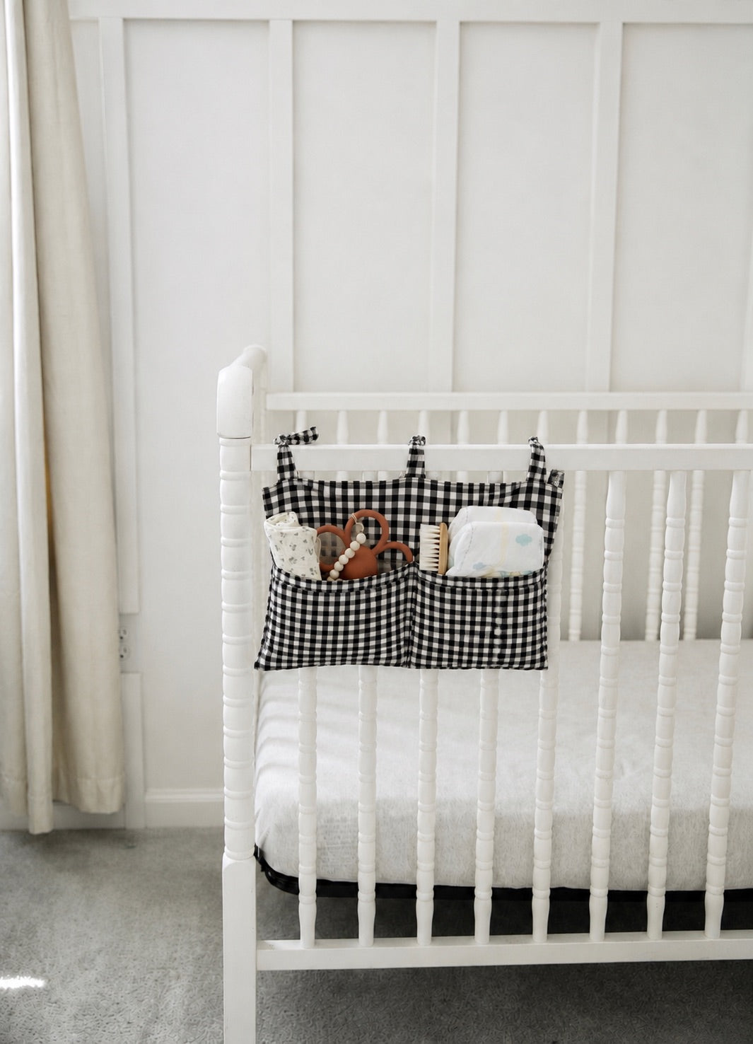 Crib Diaper Caddy Storage Organizer Nursery Room - Black Gingham