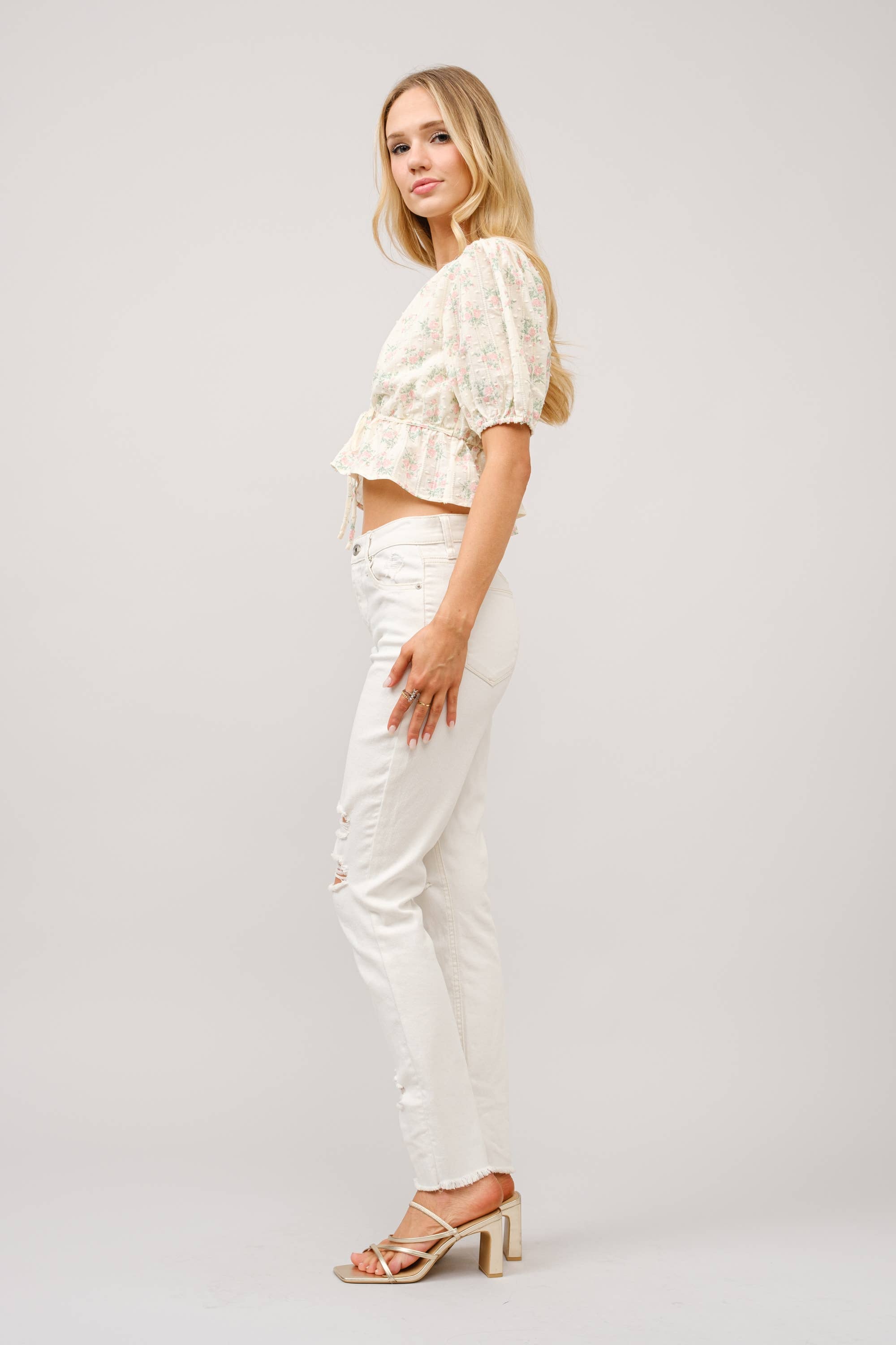 Petticoat Puff Sleeve Tie Front Peplum Top in - photo