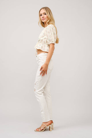 Petticoat Puff Sleeve Tie Front Peplum Top in - photo