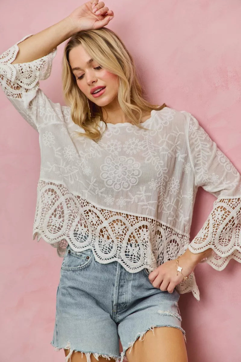 SO ME Floral Embroidered Crochet Lace Trimmed Top in - photo
