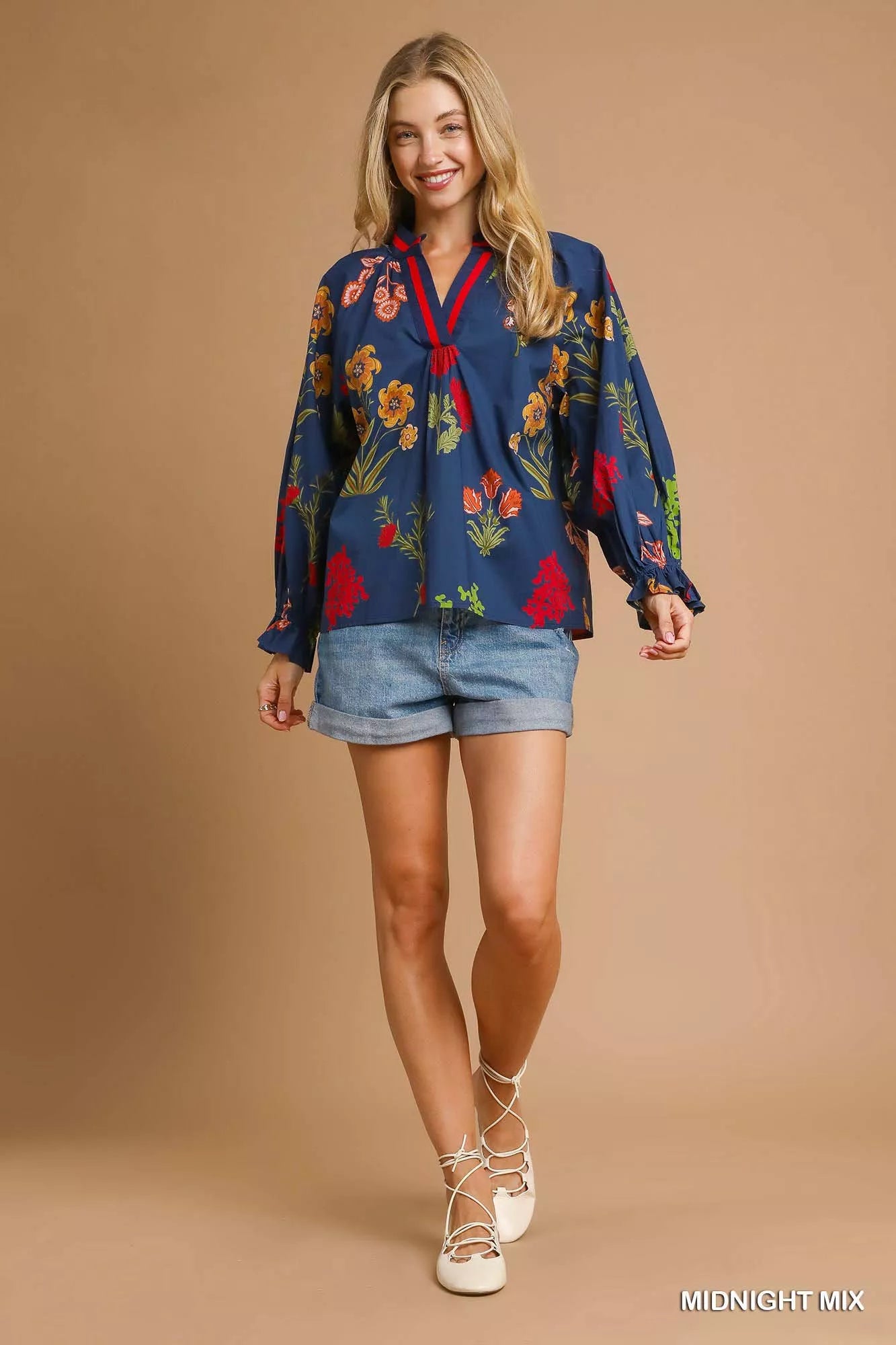 Umgee Floral Print Flounce Sleeve Blouse - SwagglyLife Home & Fashion