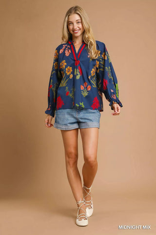 Umgee Floral Print Flounce Sleeve Blouse - SwagglyLife Home & Fashion