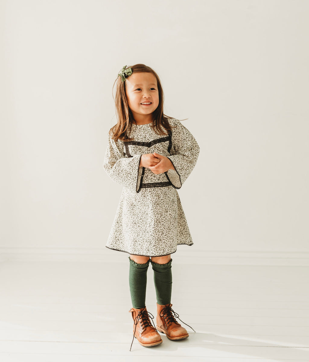 Lace Yoke Off-White & Grey Printed Dress in - Dress photo