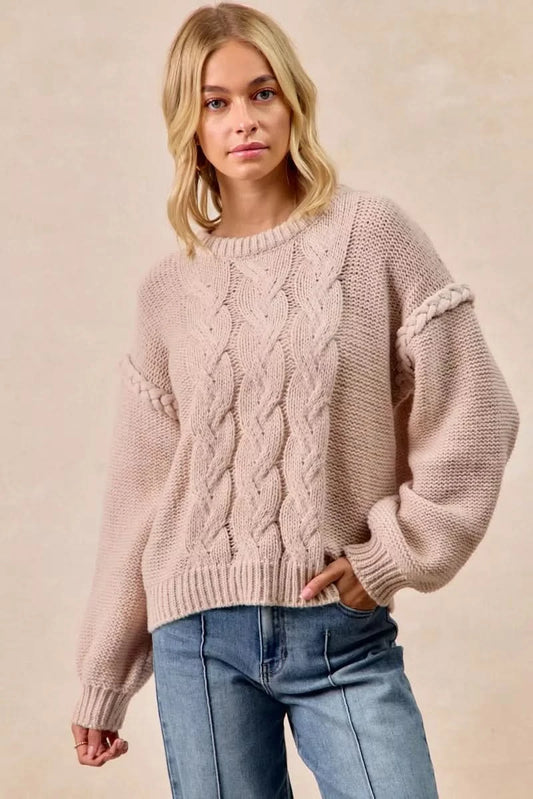 BiBi Cable Knit Sweater with Shoulder Braid Detail in MOCHA - photo