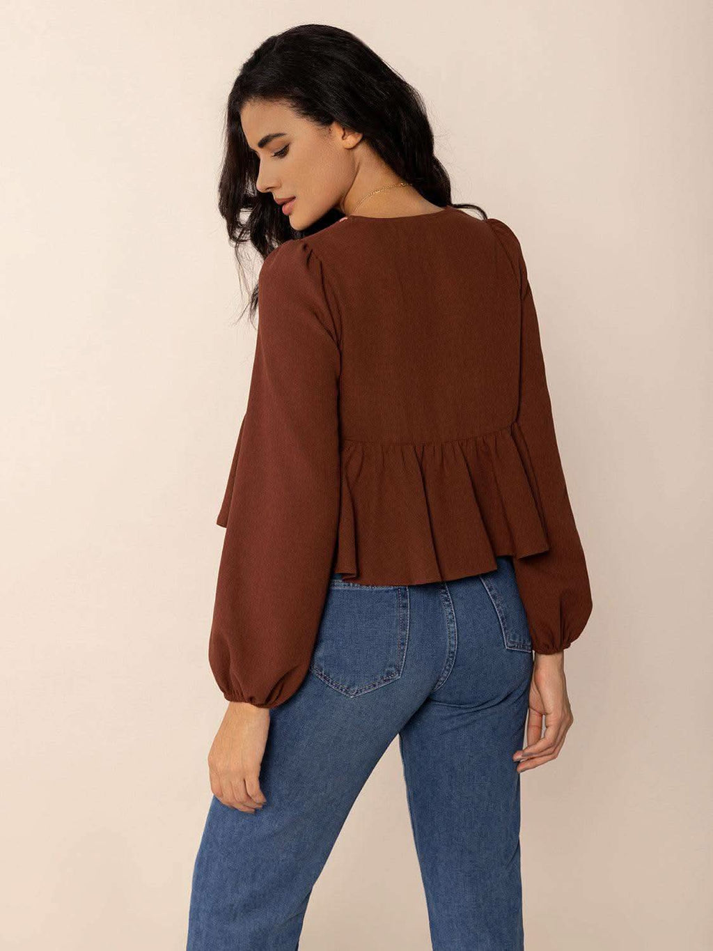 Peplum Tied V-Neck Long Sleeve Blouse - SwagglyLife Home & Fashion