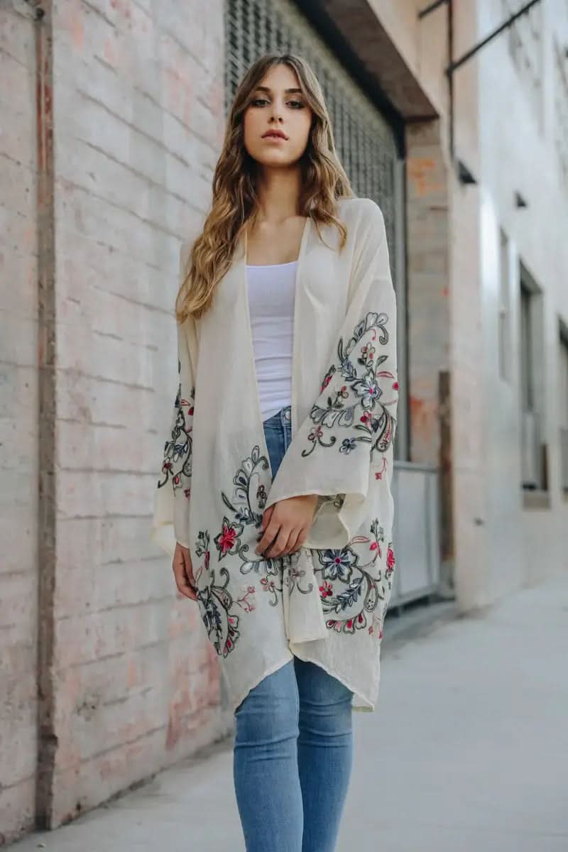 Leto Collection Long Floral Kimono Cardigan