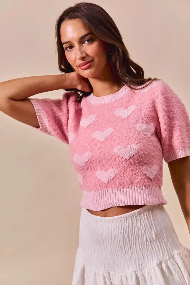 SO ME All Over Heart Valentine Cropped Sweater in - photo