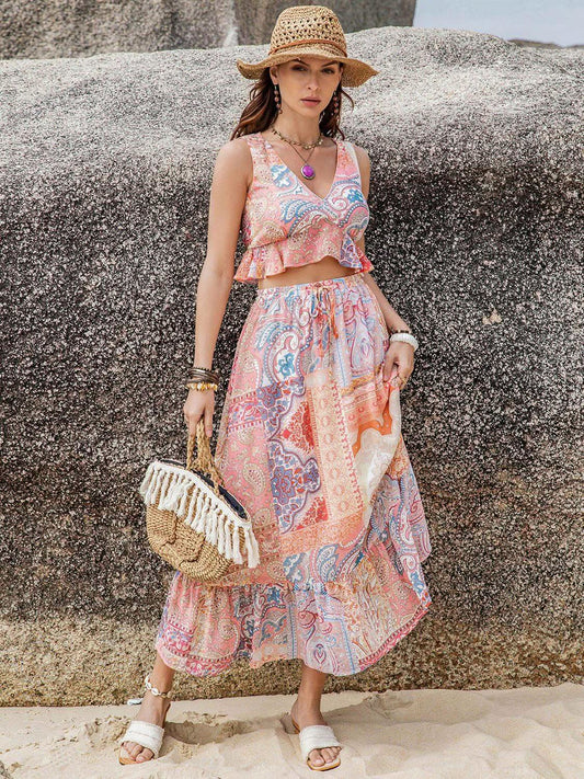 Printed V-Neck Top and Midi Skirt Set in - Skirts photo