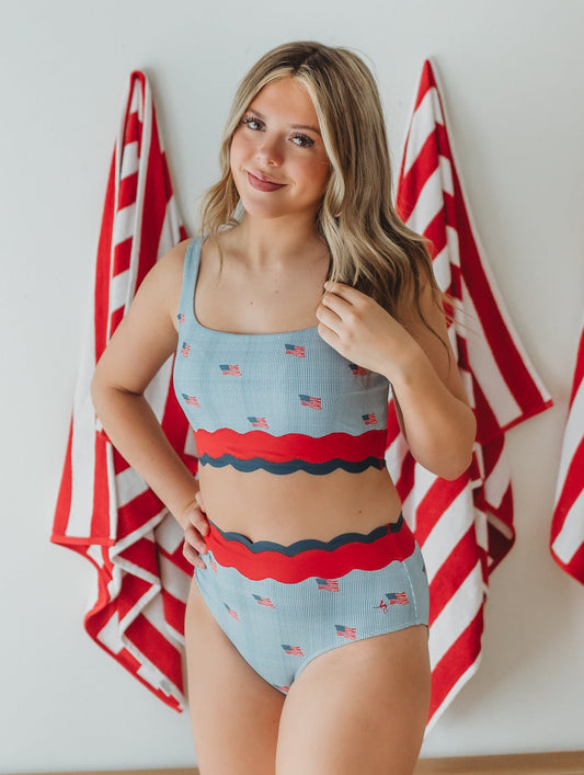 Women's Scalloped High Waisted Bikini - Heritage Flag in - 4th of July Collection photo