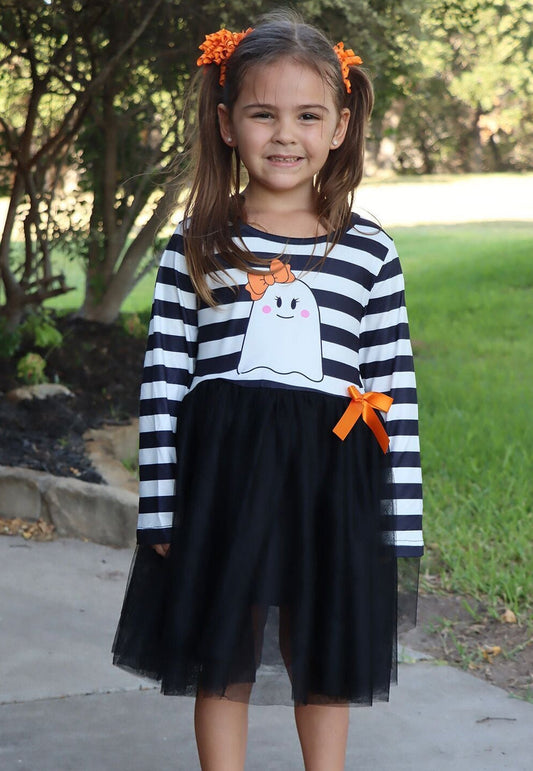 Fall Halloween Ghost Baby Girls Tutu Skirt Long Sleeve Stripe Dress -