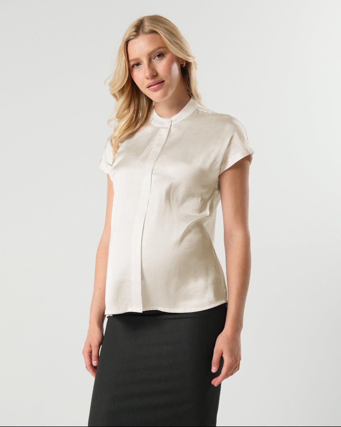 Short Sleeve Satin Maternity Shell Top with Concealed Nursing Zip - Cream