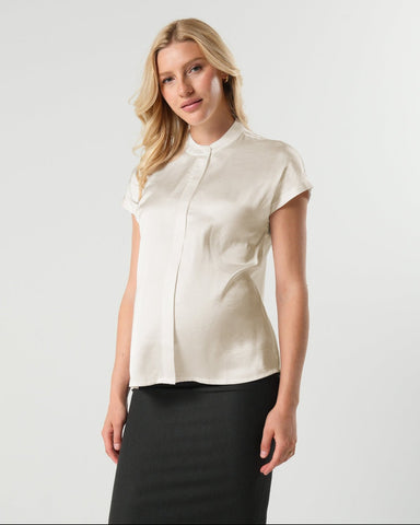 Short Sleeve Satin Maternity Shell Top with Concealed Nursing Zip in Cream - Maternity Top photo
