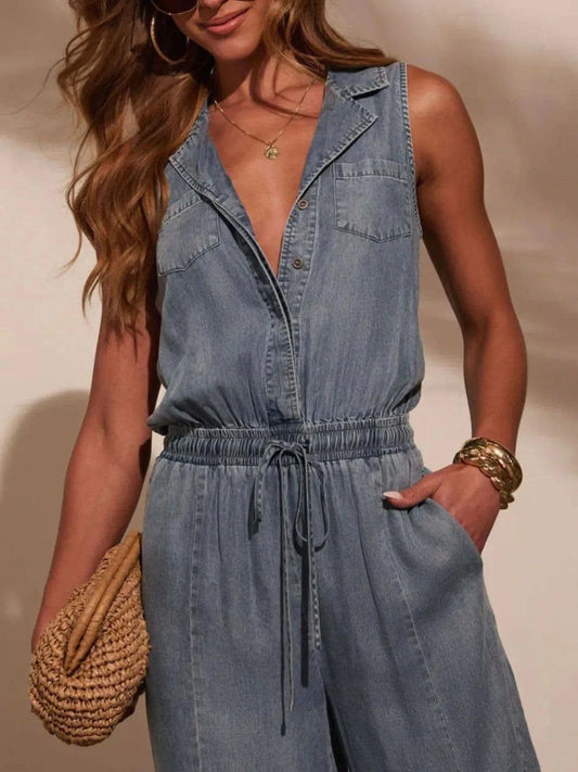 Sleeveless Drawstring Waist Washed Denim Jumpsuit in - Jumpsuits & Rompers photo