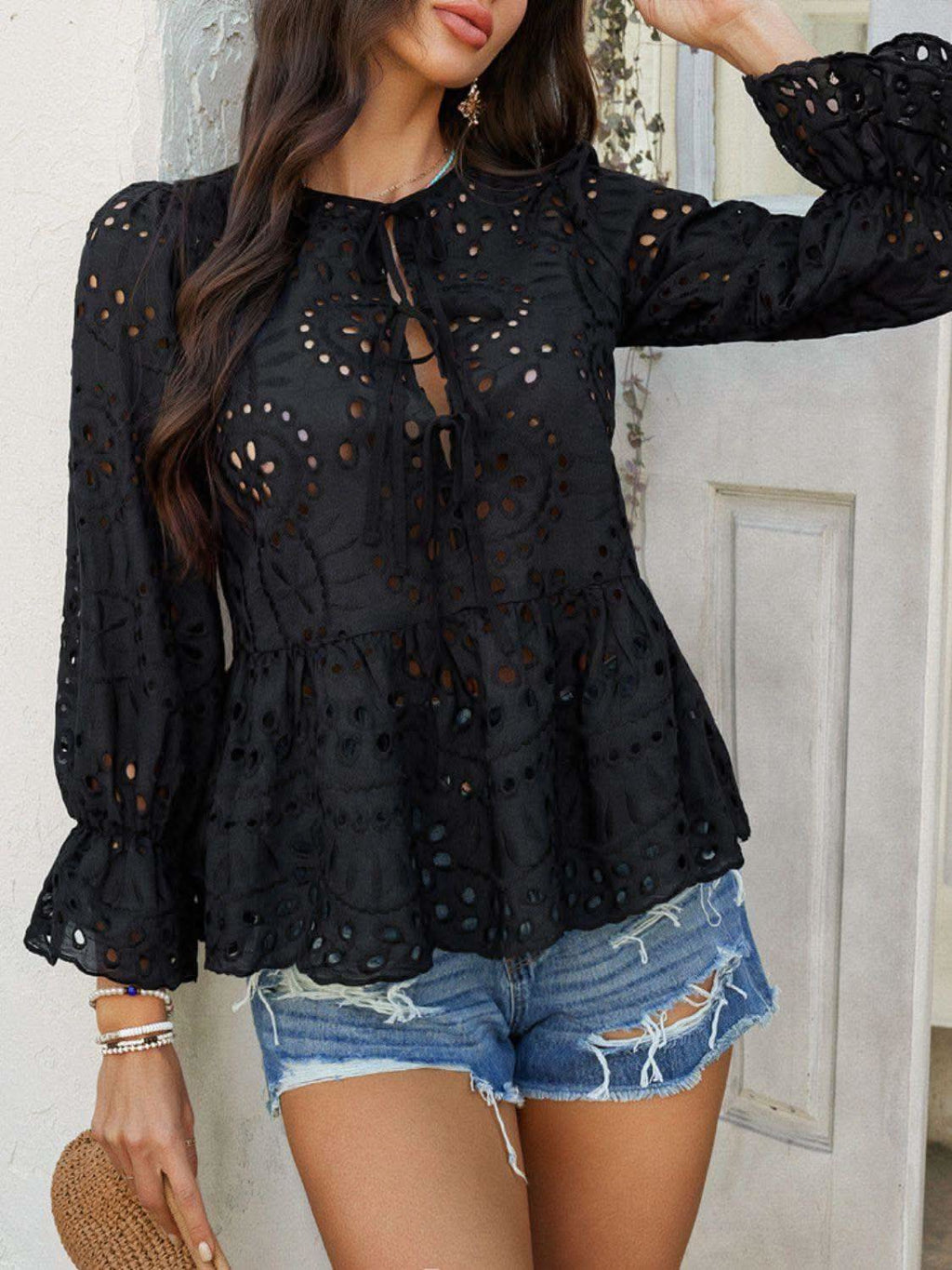 Devine Tie Front Flounce Sleeve Peplum Blouse - SwagglyLife Home & Fashion