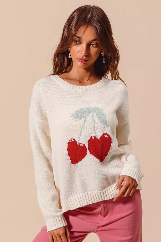 SO ME Heart Cherry Knitted Valentine Sweater Top in IVORY - photo