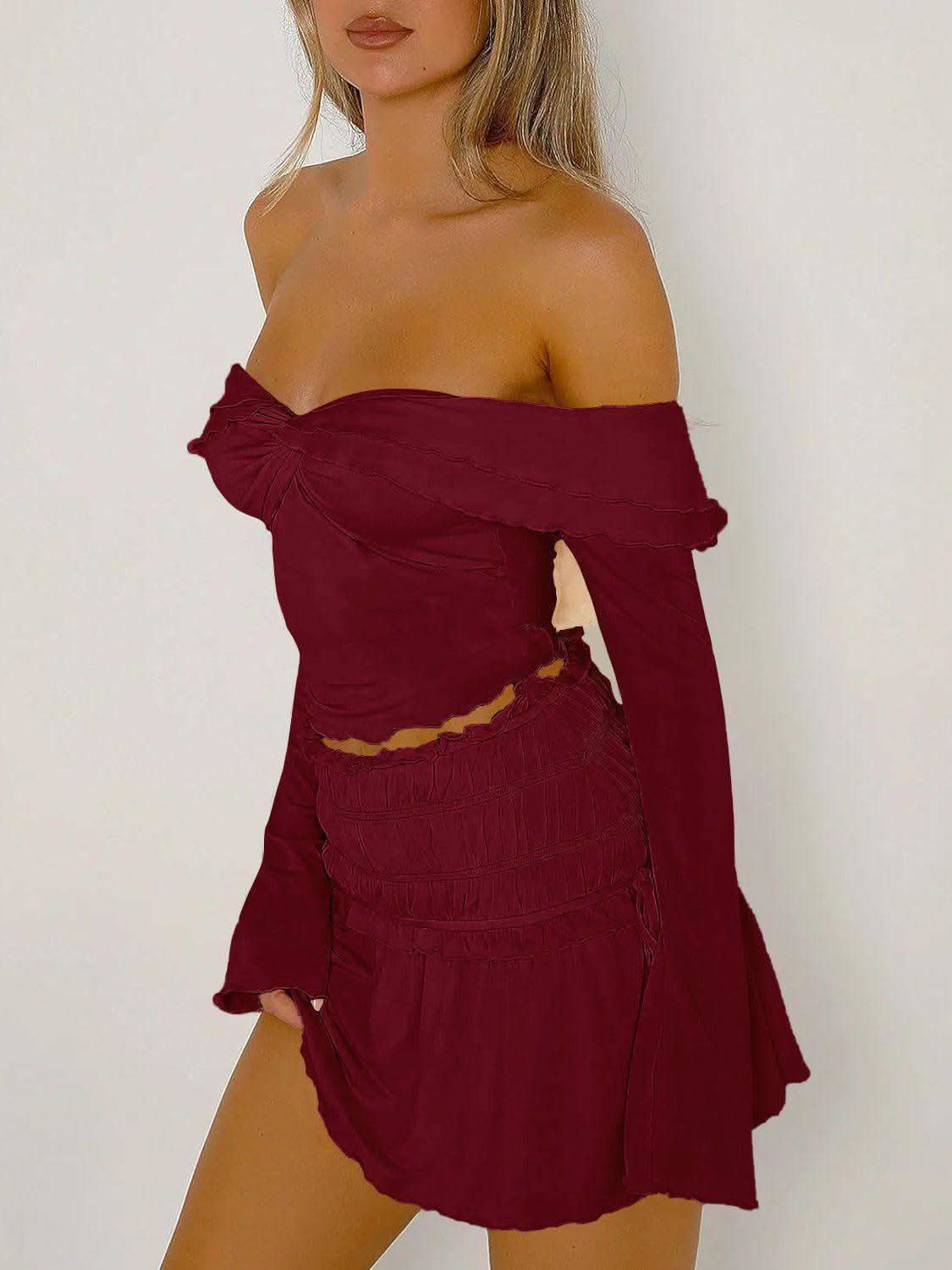 Devine Twisted Ruffled Off-Shoulder Long Sleeve T-Shirt in - tops photo