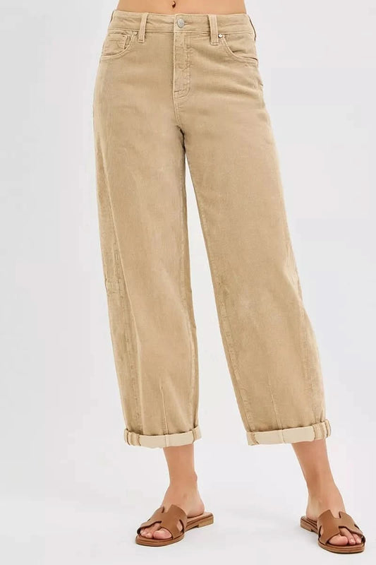 RISEN High Rise Crop Barrel Cordurory Pants in TAN - photo