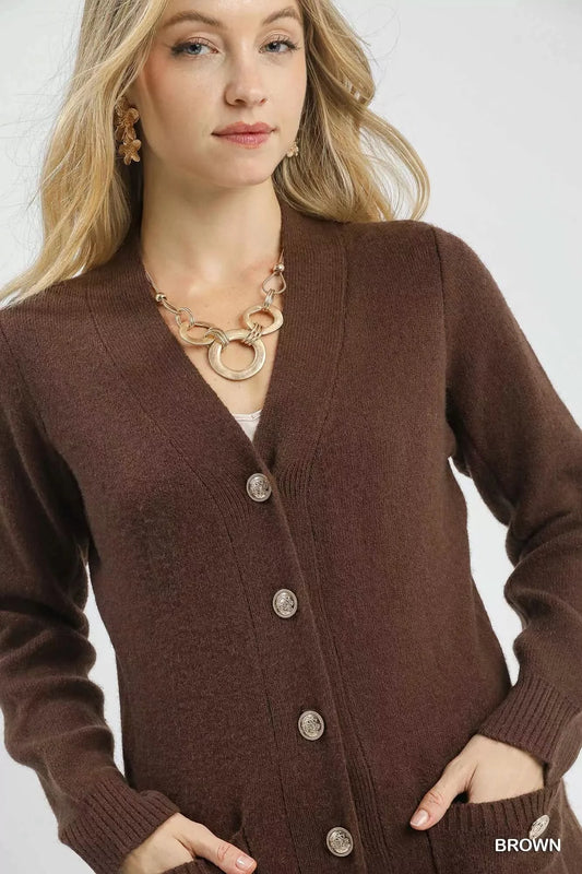 Umgee Button-Down Longline Sweater Cardigan with Front Pockets in - photo