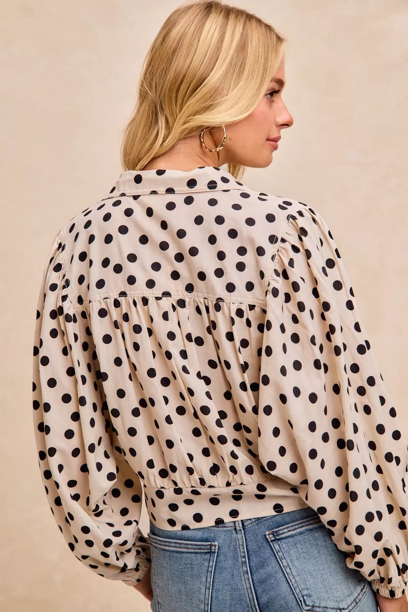 BiBi Polka Dot Print Tie Hem Detail Crop Shirt in - photo