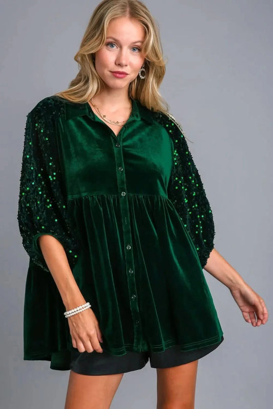 Umgee Sequin Detail Tiered Back Half Sleeve Shirt in - photo