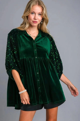Umgee Sequin Detail Tiered Back Half Sleeve Shirt in - photo