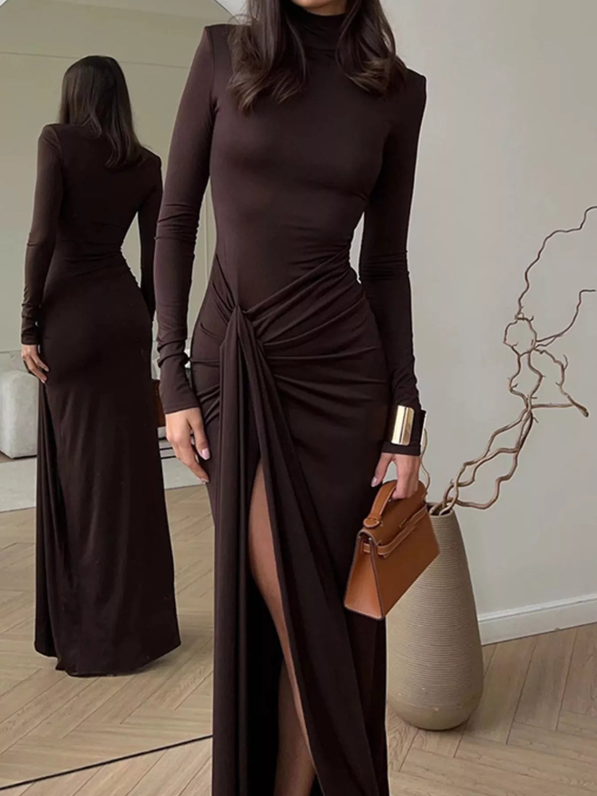 Turtleneck Long Sleeve Slit Maxi Dress in Dark Brown - photo