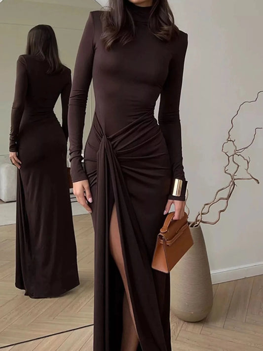 Turtleneck Long Sleeve Slit Maxi Dress in Dark Brown - photo