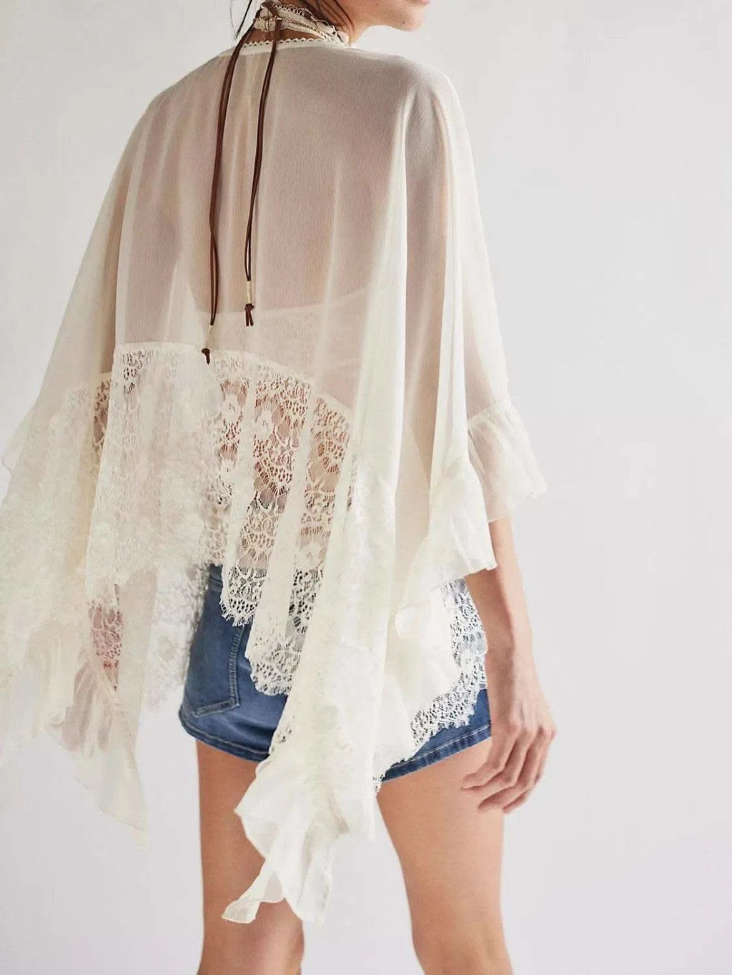 Lace V-Neck Ruffle Long Sleeve Cover-Up - SwagglyLife Home & Fashion