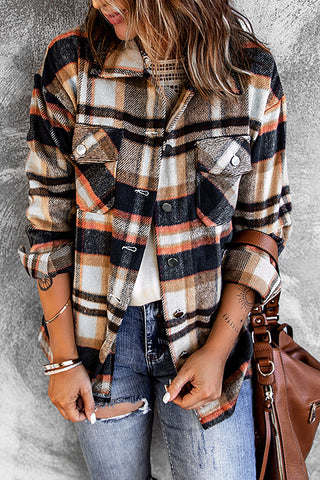 Plaid Button Front Shirt Jacket with Breast Pockets in Blue - photo