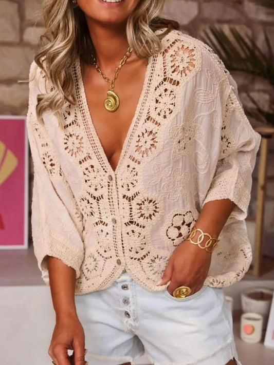 Crochet Lace V-Neck Blouse in Tan One Size - photo