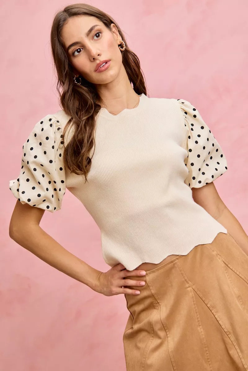 SO ME Polka Dot Contrast Woven Ballon Sleeve Blouse in - photo