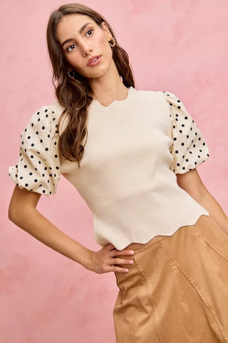 SO ME Polka Dot Contrast Woven Ballon Sleeve Blouse in - photo