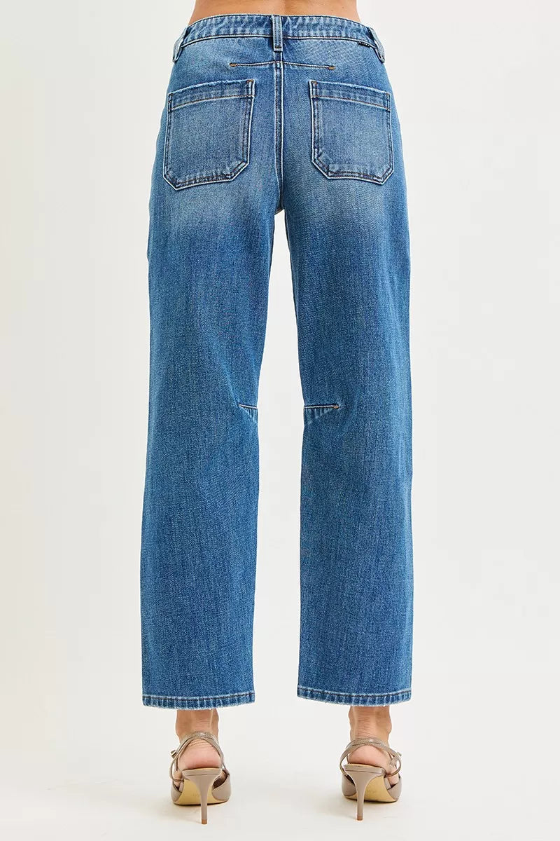 RISEN 4 Way Stretch Mid Rise Barrel Jeans with Patch Pocket Detail in - photo