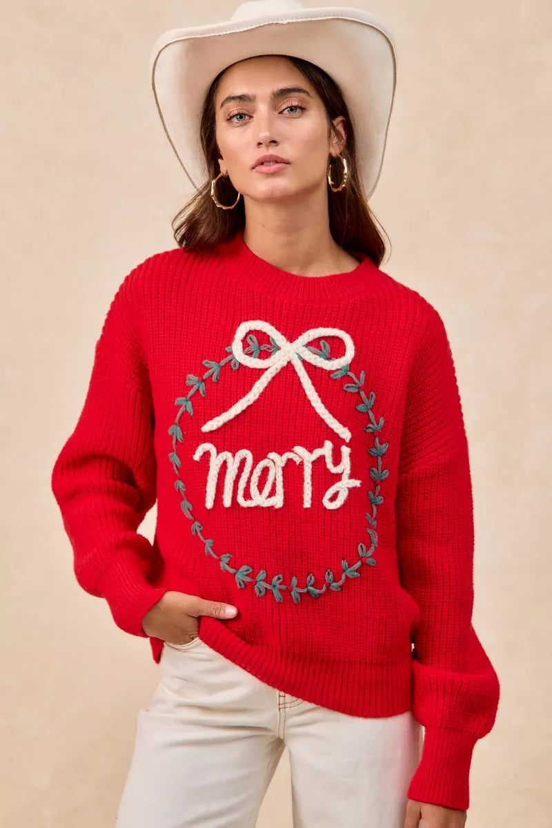 BiBi Christmas Wreath Merry Letter Knit Top in - photo