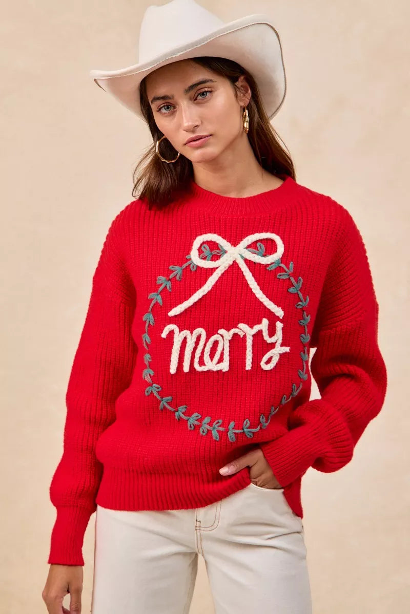 BiBi Christmas Wreath Merry Letter Knit Top in - photo