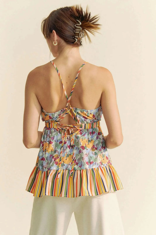 Davi & Dani Floral Smocked Sleeveless Ruffle Back Tie Top in - photo