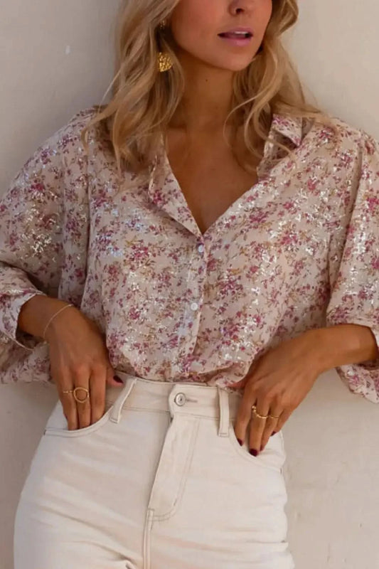 Printed Collared Neck Long Sleeve Shirt in - photo