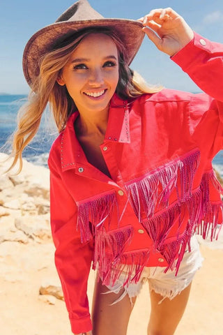 BiBi Rhinestone Fringe with Studed Collar Jacket in - photo