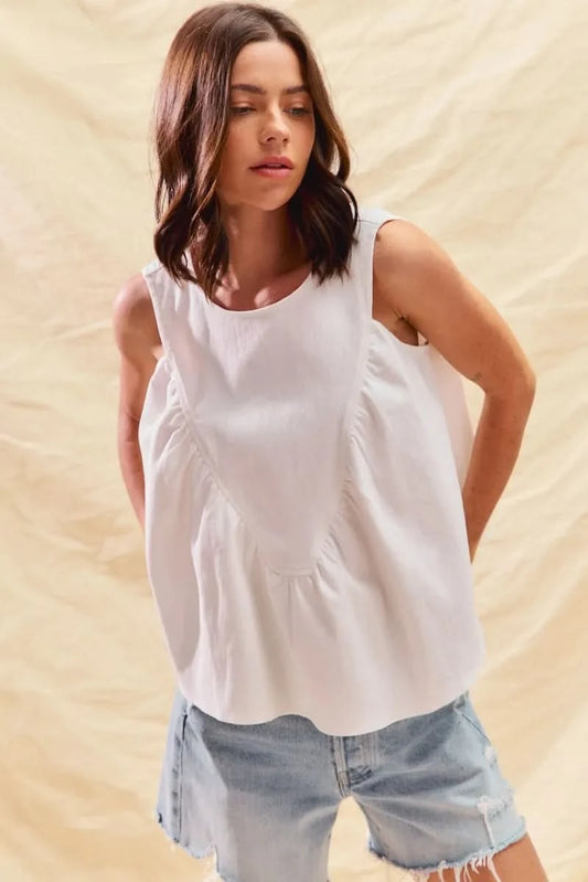 SO ME Game Day Color Denim Ruched Sleeveless Top in OFF WHITE - photo
