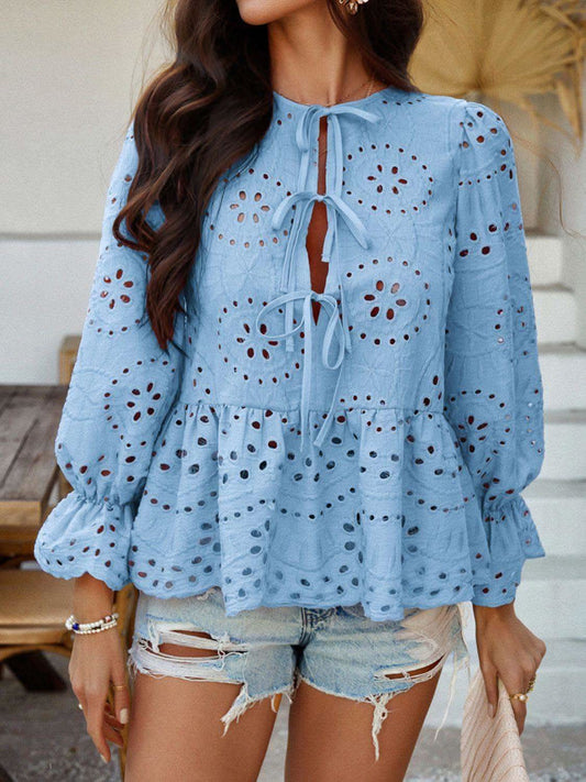 Devine Tie Front Flounce Sleeve Peplum Blouse in Light Blue - Blouses photo